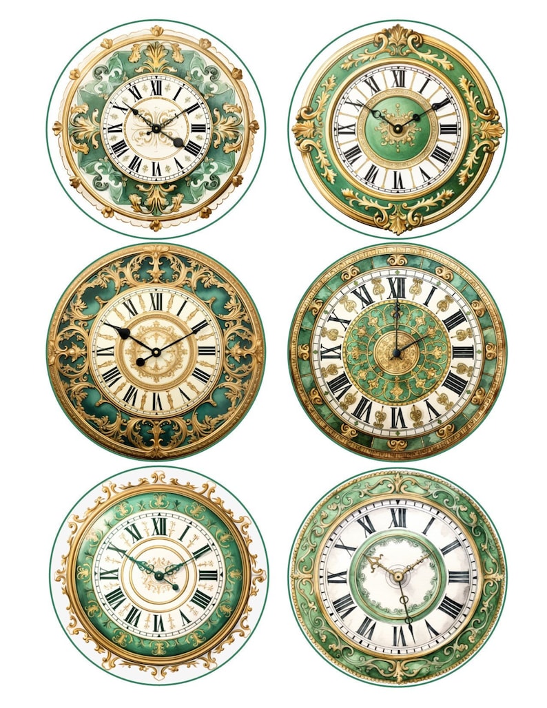 Green Clock Faces, 3,2 Inch Circles, Digital Collage Sheet, Instant ...