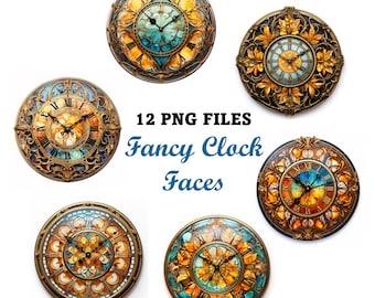 12 cadrans fantaisie PNG, cercles de 3,2 pouces, feuille de collage numérique, téléchargement immédiat, découpage, fabrication de cartes, horloge numérique éphémère
