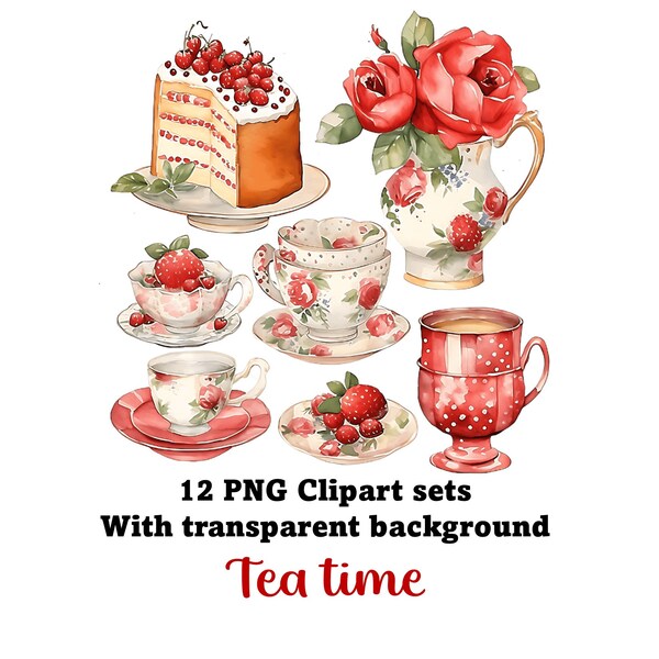 12 ensembles Tea Time Clipart, format PNG avec fond transparent, téléchargement immédiat, imprimable vintage Sweet Tea Art images