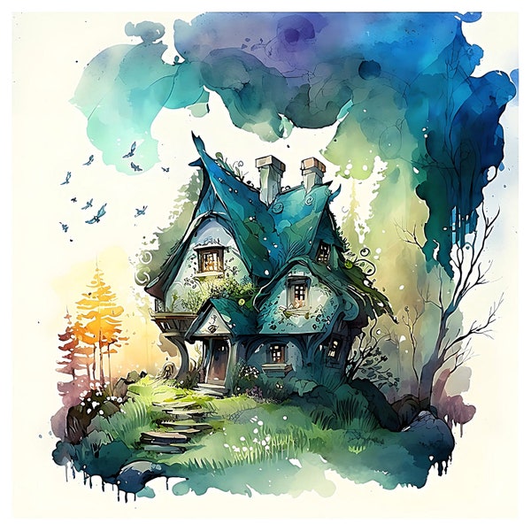 12 Watercolor Fairy Tale Cottage  Free Commercial Use Digital Images, Magic Cottage ClipArt, Digital Watercolor Print, PRINTABLE Digital Art