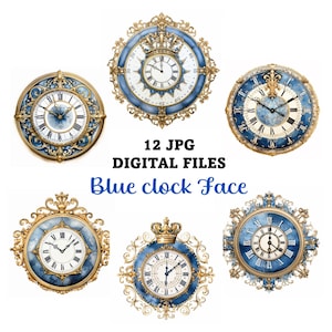 12 JPG Quadranti di orologio blu reale, cerchi da 3,35 pollici, foglio di collage digitale, download istantaneo, decoupage, creazione di biglietti, arte dell'orologio con quadrante reale