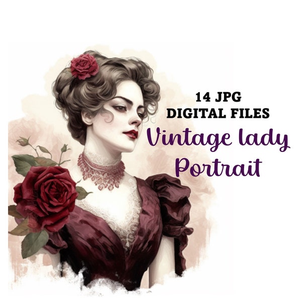 14 Victorian Ladies in Red Portraits, 14 JPG images, Instant Download, Vintage Victorian Lady ClipArt, Woman Decoupage Paper Print,