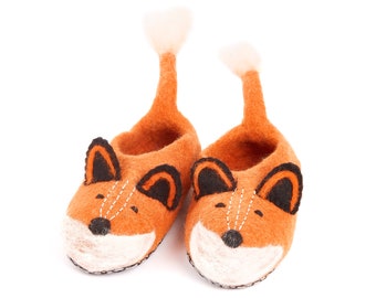 Slippers for babies hand-felted fox made of 100% sheep's wool 18/19 to 24/25