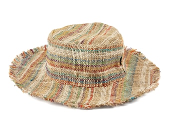 Hand-woven colorful striped summer hat made from pure hemp fibers with a flexible brim for individual shaping