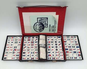 Vintage Mah Jong Set Complete Style Tiles Counters Dice Rules Carry Case Mahjong