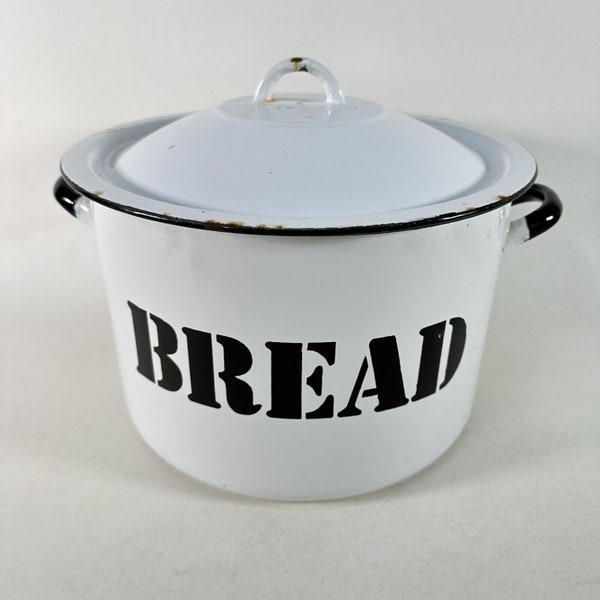 Vintage retro round enamel bread bin - black and white