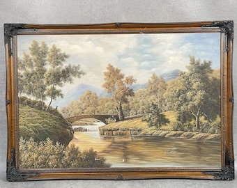 Large Vintage Oil Painting River Landscape Bridge Mountains Signed P Wilson