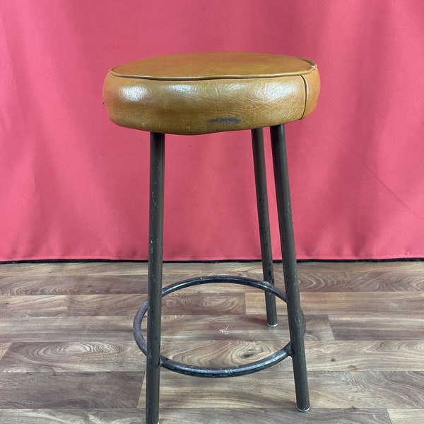 Vintage faux leather top round stool tan brown metal frame industrial 1965