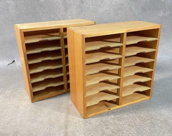Pair Vintage Pigeon Hole Wooden Letter Racks Desktop Document Sorters Organisers