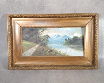 Vintage Oil Painting Framed Landscape on Board Lake Mountain Castle Scene