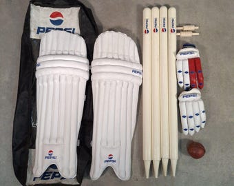 Vintage Pepsi Promotional Cricket Set Stumps Pads Gloves Bag Advertising