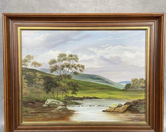 Australian Landscape Oil Painting A Lewis 1986 Gum Trees River Large Framed
