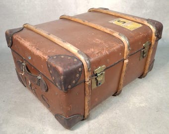 Vintage Orient Steamer Trunk Travel Luggage Wooden Slats Leather Bound Case Prop