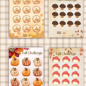May include: Four rectangular Fall Challenge savings trackers featuring seasonal illustrations. One sheet shows wood slices with pumpkins, one shows acorns, one shows various pumpkins, and one shows red mushrooms, all with numerical values and totals.