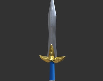 May include: A silver sword with a blue handle and gold accents. The blade has a decorative pattern.