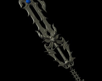 May include: A silver-coloured keyblade with intricate details, including a blue gem at the top and a skull-like design in the centre.