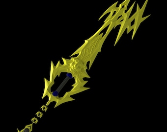 May include: A gold-colored keyblade with a sharp, jagged design. The keyblade has a black handle and a chain with a small, round key at the end.