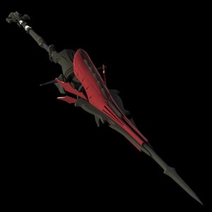 May include: A black and red fantasy-style spear with a sharp point and intricate details. The spear has a black handle and a red blade with a textured surface.