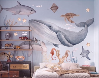 Ocean Wall Decal Whale Shark Turtle Nursery Decor, Sea Themed Wall Stickers Kids Ocean Educational, Ocean Animal Wall Decor, Whale Decor