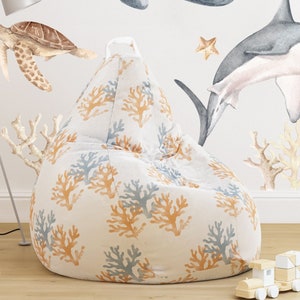 Coral Pattern Bean Bag Cover Kids Unisex Nursery Nautical Ocean Sea Mermaid Themed Room Bean Bag Chair Cover Girl Boy Bedroom Pouf Cover