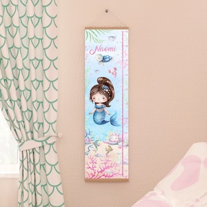 Gepersonaliseerde groeimeter zeemeermin voor babykamer babykamer oceaanthema, onderwaterleven aquarel zeemeermin hoogtegrafiek peuter meisjesslaapkamer