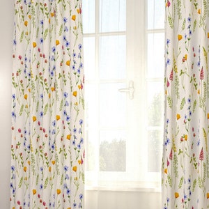 Wildflower Boho Curtains, Floral Thick Playroom Curtains, Flower Patterned Cotton Curtains Kitchen, Girl Bedroom Custom Natural Curtains