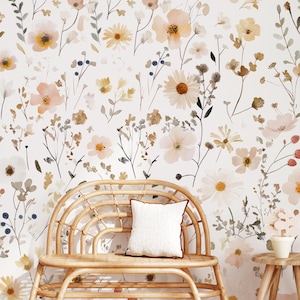 Boho Wildflower Wallpaper Baby Girl Nursery, Pastel Floral Wall Paper Peel and Stick Kids Room, Beige Daisy Flowers Pattern Bedroom Decor