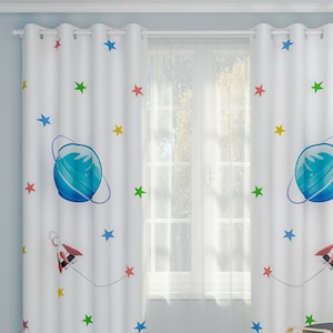 Curtains Starry Sky Rocket Galaxy Cosmic Galactic Planets Boy Nursery Cotton Fabric Custom Blackout Toddler Bedroom Kids Room Playroom