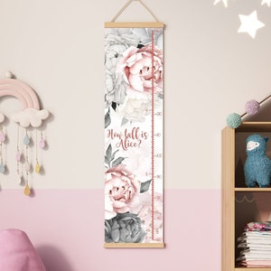 Gepersonaliseerde naam hoogtetabel meisje, aquarel pioenroos bloemen kinderkamerdecoratie, roze bloemen canvas groeimeter peuter slaapkamer verjaardagscadeau