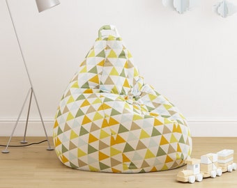 Bean Bag Puf Cover Geométrico Triángulos Patrón Niños Habitación Adolescente Niña Niño Dormitorio Eco Tela Impresión Amarillo Gris Cubierta Juego Sala de Juegos Decoración