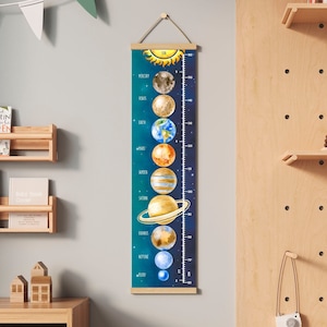 Watercolor Handdrawn Planets Height Chart for Kids - Solar System Growth Chart Canvas with Hanging Wooden Frame - Space Nursery Room Decor