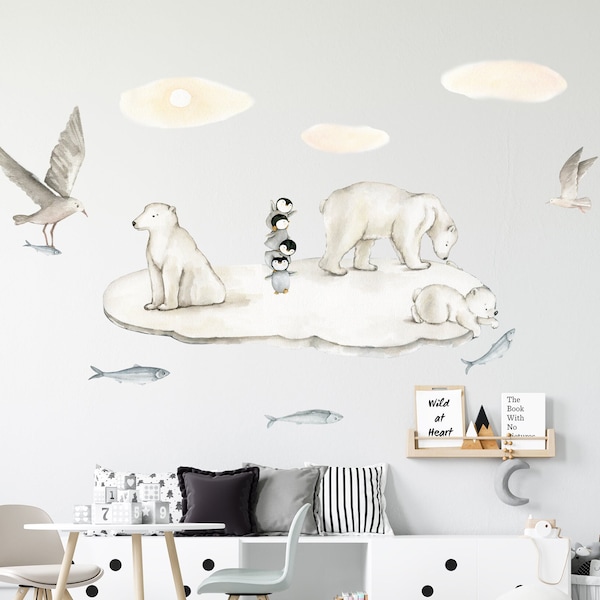 Wall decals White Polar Bear Family on Iceberg for Nursery, Arctic Animals Stickers, Removable Watercolor Kid's room Boy Girl Unisex Pastel
