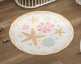 Seashell Starfish Mermaid Coastal Carpet for Nursery Little Girl Room Under Sea life Kids Nautical Non Slip Ocean Round Rug Playroom Bedroom