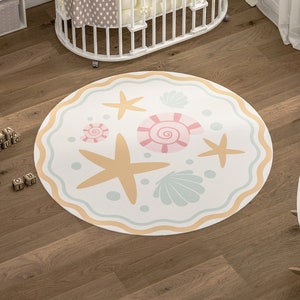 Seashell Starfish Mermaid Coastal Carpet for Nursery Little Girl Room Under Sea life Kids Nautical Non Slip Ocean Round Rug Playroom Bedroom