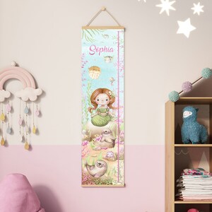 Groeigrafiek zeemeermin aangepaste naam voor babykamer meisjes, zeeleven handgetekende aquarel zeemeermin hoogtegrafiek pastel meisjesspeelkamer