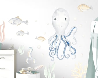 Decal Set Octopus and fishes Baby Boy Girl Nursery Ocean Life Nautical Kids Bedroom Stickers Under the Sea Marine Coastal Wall Decals