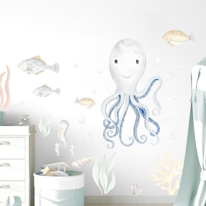 Decal Set Octopus and fishes Baby Boy Girl Nursery Ocean Life Nautical Kids Bedroom Stickers Under the Sea Marine Coastal Wall Decals