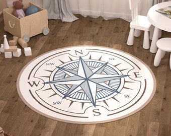 Compass Rug Kids, Nautical Themed Nursery Carpet Little Boy Room, Floor Non Slip Round Rug Playroom, Personalized Printed Carpet Toddler Boy