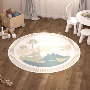 Dinosaurier Teppich Kinder, Rutschfester Teppich Baby Junge Kinderzimmer, Runder Bodenteppich Kleinkind Schlafzimmer, Jurassic World Themenzimmer Dekor, Spielmatte Kinder