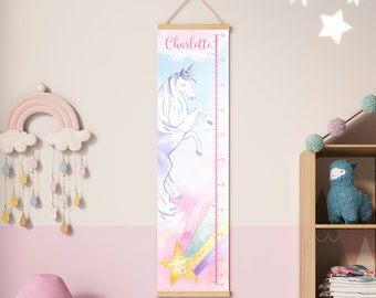 Personalized Watercolor Unicorn Height Chart Baby Girl Bedroom Rainbow Canvas Growth Chart Ruler Toddler Nursery Custom Name Height Chart