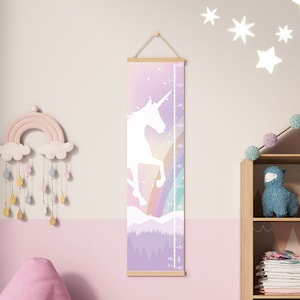 Tableau des hauteurs de licorne pour chambre d'enfants, tableau de croissance en toile, règle pour chambre de fille, tenture murale arc-en-ciel, décoration pour tout-petit, chambre d'enfant, anniversaire, cadeau de baby shower