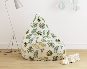 Bean Bag Chair Cover Monstera Botanical Palm Leaves Jungle Tropical Forest Nursery Baby Girl Boy Unisex Bedroom Kids Room Natural Fabric