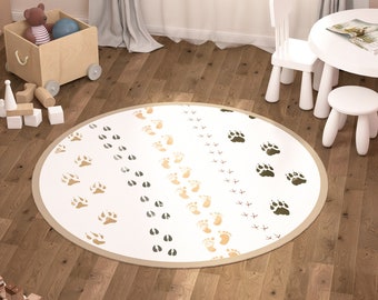 Animal Footprints Rug Kids, Little Boy Round Carpet Bedroom, Non Slip Floor Carpet Safari Themed Nursery Decor Eco Fabric Play Mat