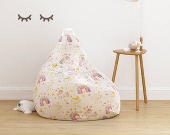 Bean Bag Pouf Cover Baby Girl Nursery, White Pink Unicorn Rainbow Cloud Stars Kids Bedroom, Watercolor Toddler Playroom Princess Decor