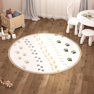 Tier Fußabdrücke Teppich Kinder, kleiner Junge Runder Teppich Schlafzimmer, rutschfester Boden Teppich Safari Themen Kinderzimmer Dekor Öko-Gewebe Spielmatte