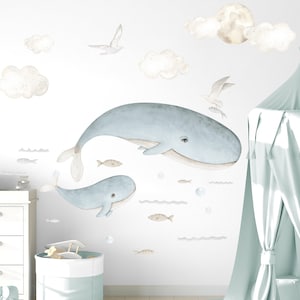 Blue Whale Moon Decal Kids Room, Watercolor Sea Life Wall Sticker Toddler Room, Ocean Animal Large Sticker Playroom, Pastel Decal Nursery