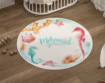 Mermaid Nursery Rug Carpet Little Girl Room Under Sea life Play Mat Kids Nautical Floor Non Slip Ocean Round Rug Playroom Bedroom