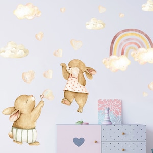 Wall Decal Nursery Wall Decor, Bunny Rainbow Clouds Wall Stickers REMOVABLE, Animals Wall Decals for Baby Room Decor Non-Toxic PVC Free