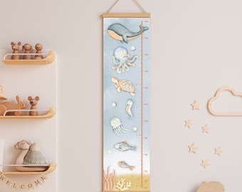 Ocean Sea Life Height Chart for Kids - Blue Watercolor Whale Fish Decor Playroom - Canvas Growth Chart Baby Boy Girl Unisex Bedroom Nursery