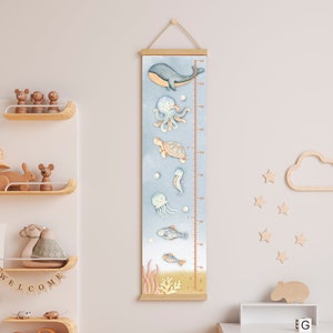 Ocean Sea Life Messlatte für Kinder - Blau Aquarell Wal Fische Dekor Spielzimmer - Canvas Wachstumsmesslatte Baby Jungen Mädchen Unisex Schlafzimmer Kinderzimmer